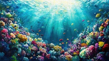 Fototapeta premium Underwater scene with colorful coral reef and fish swimming in the ocean.