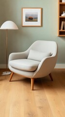 A serene setting features two white picture frames on a shelf beside a modern gray armchair against muted sage green walls