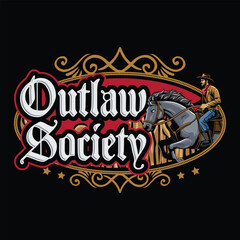Fototapeta premium Outlaw Society Cowboy Riding Horse in Western Vintage Vector Illustration for poster, flyer, social media, web pages, print media, greeting card, invitation, banner, t-shirt design