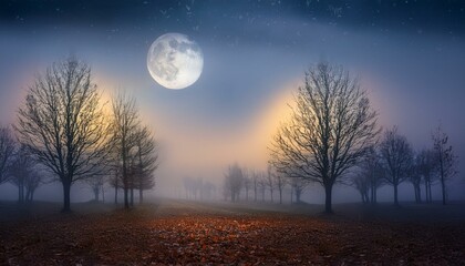 Fototapeta premium 幻想的な晩秋の夜明け、霧の中で輝く木立と枯れた葉