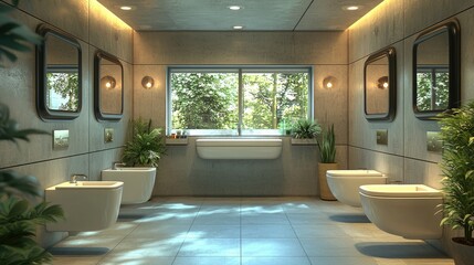 Fototapeta premium Modern bathroom with two sinks, two toilets, and a window overlooking a lush green forest.