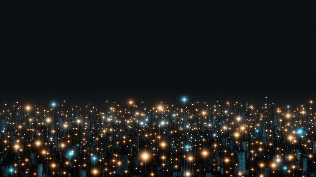 A vibrant cityscape of glowing blue and orange data points interconnected by dark grids lies under a black night sky dotted with distant lights