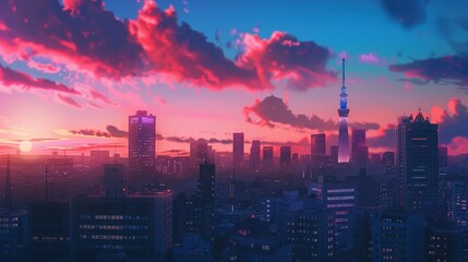 Fototapeta premium Tokyo Cityscape with Pink Sunset and Tower