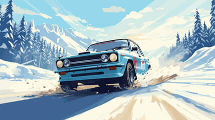 Classic rally car drifting on a snowy mountain road during winter, vector illustration. A classic rally car speeds through snowy mountains, creating a trail of snow as it drifts.