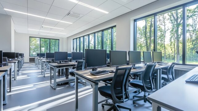 Modern computer lab classroom with rows of desks and computers, large windows looking out onto a green lawn.
