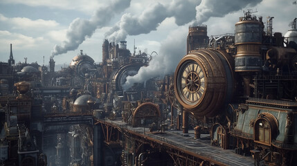 Naklejka premium Illustration de village fantasy steampunk avec rouages et machines à vapeur