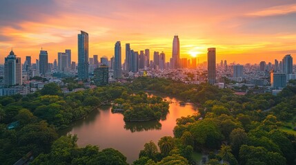 Obraz premium An aerial view of a city skyline with a park and lake in the foreground, with a vibrant sunset sky in the background.