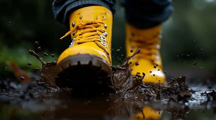 Yellow boots splashing in a muddy puddle.