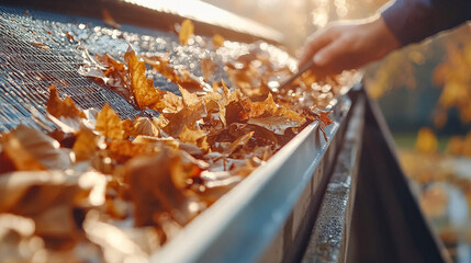 Cleaning leaves from gutter is essential for home maintenance, ensuring proper drainage and preventing water damage. warm sunlight adds serene touch to this task