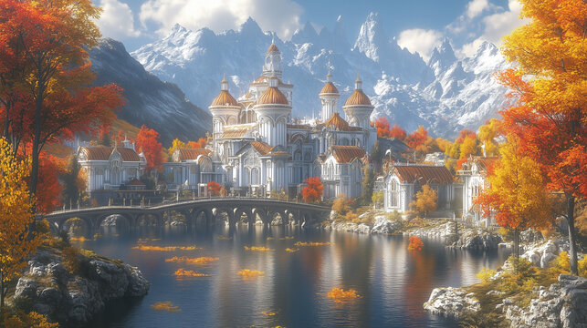 Village heroic fantasy d&rsquo;elfes dans les montagnes avec murs blancs et toits marron