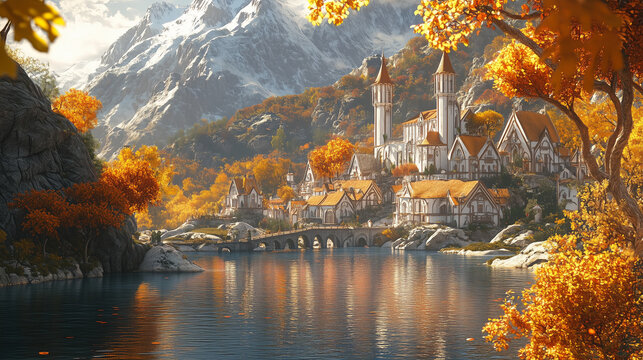 Village heroic fantasy d&rsquo;elfes dans les montagnes avec murs blancs et toits marron