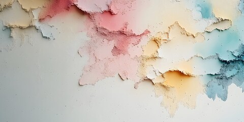 This minimalist artwork features soft, flowing patches of watercolor in shades of red, yellow, and blue that gently fade into the white background. 