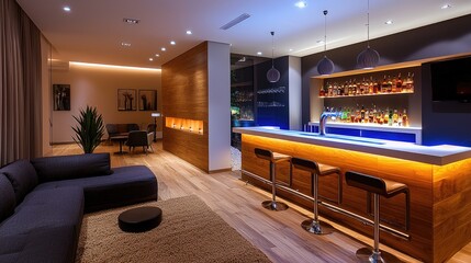 Modern home bar with wood accents and blue lighting.