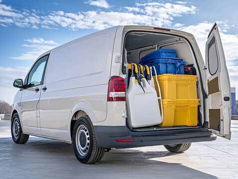 professional cleaning service van is parked, showcasing its organized interior filled with colorful storage bins and cleaning equipment. bright sky adds cheerful touch to scene