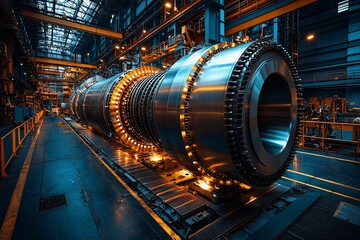 Large industrial turbine in a factory setting, showcasing engineering.