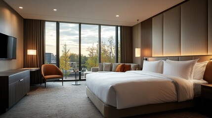 Modern hotel room with large windows, king-size bed, and a comfortable armchair.