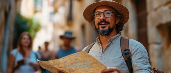 Naklejka premium Enlightening travel experience a tour guide unfolds the historical secrets of the city with a map