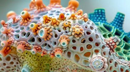 Fototapeta premium Abstract colorful 3D organic structure with a porous, layered, and textured surface.