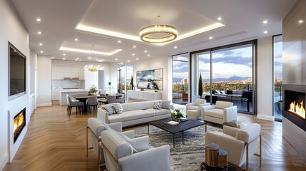 Modern living room with a fireplace, large windows, and a view of a city skyline.