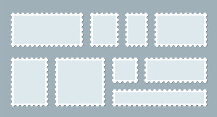 Blank postal stamps frames set. Borders with perforated edges for postcards and letters.