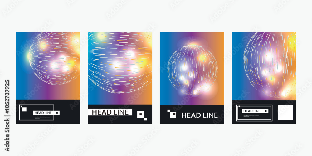 Poster Sphere of short glowing lines on set cover template. Abstract vector space background. Explosion of glowing particles. Futuristic technology style