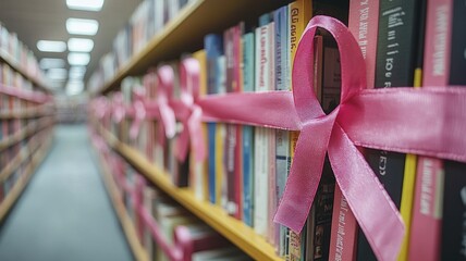 Bookshelves adorned with pink ribbons, promoting awareness or support.