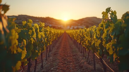 Naklejka premium Vineyard Rows at Sunset with Golden Light Filtering Through the Leaves