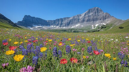 Wildflowers Bloom in a Mountain Meadow with Snow-Capped Peaks in the Background