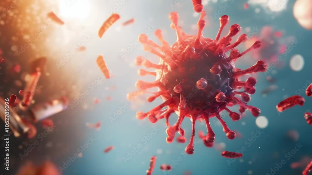 Poster Microscopic view of monkeypox virus particles and test tubes falling, representing testing and research in infectious disease control