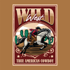 Rodeo Wild West Cowboy Riding Horse in Western Vintage Vector Illustration for poster, flyer, social media, web pages, print media, greeting card, invitation, banner