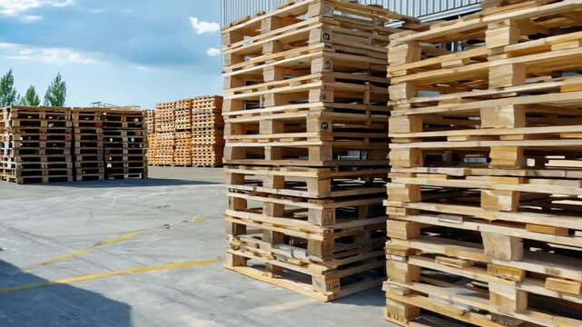 The storage yard displays neatly arranged wooden pallets stacked in rows, with a bright sky overhead suggesting a warm day, ideal for loading and unloading activities
