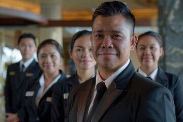 Photography of Philippines team of professional workers in a modern hotel.	
