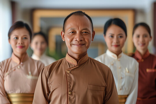 Photography of Myanmar team of professional workers in a modern hotel.	
