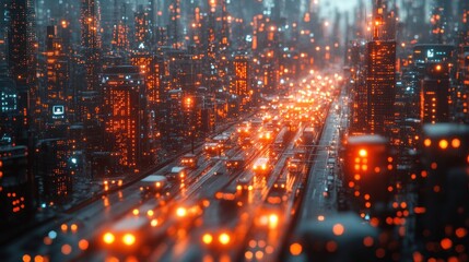 Naklejka premium Futuristic cityscape illuminated by vibrant orange lights at night.