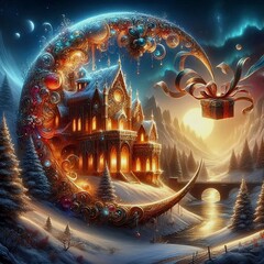 Fantasy winter landscape with castle and snowflakes. Christmas background.