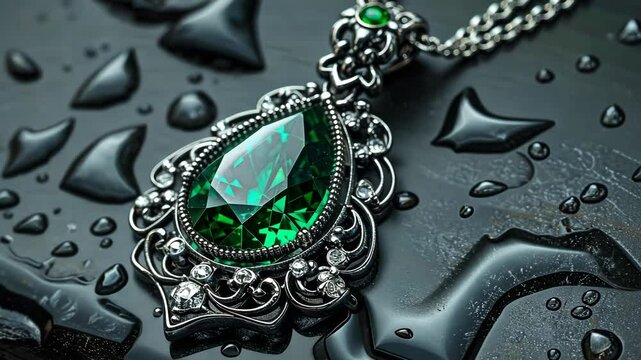 A large emerald gemstone pendant sits on a black surface covered in water droplets