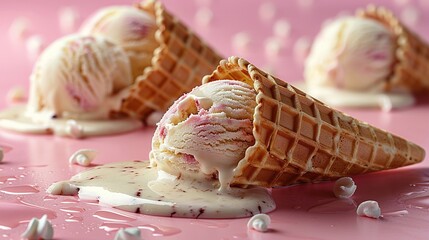 A delicious scene of melting ice cream cones on a pink background.