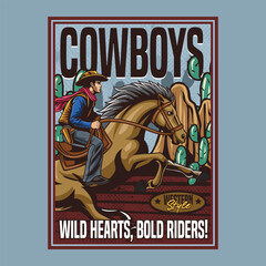 Rodeo Cowboy Riding Horse in Western Vintage Vector Illustration for poster, flyer, social media, web pages, print media, greeting card, invitation, banner