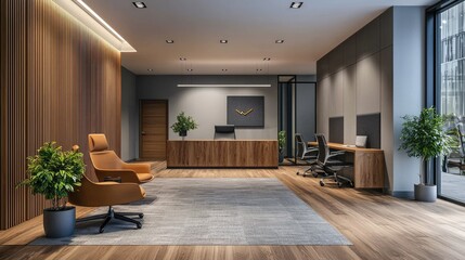 Fototapeta premium Modern office lobby with reception desk, comfortable chairs, and wooden floors.