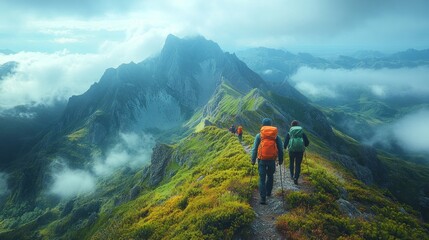 Hikers traverse a mountain trail amidst clouds and lush greenery.