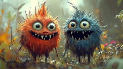 Fototapeta premium Two whimsical, furry creatures with big eyes in a forest setting.