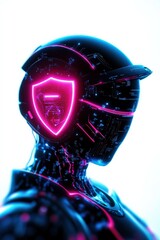 Futuristic robot with neon accents against a white isolated background.