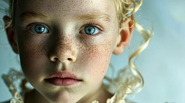 A young girl with blue eyes and freckled skin looks directly at the camera