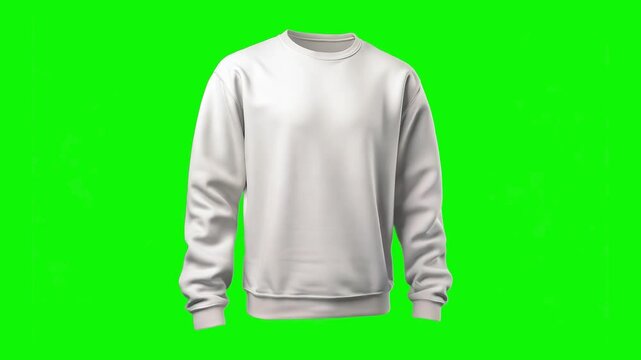 A blank white sweatshirt on a green background showcasing clothing design possibilities and customization options. Green screen 4K animation.