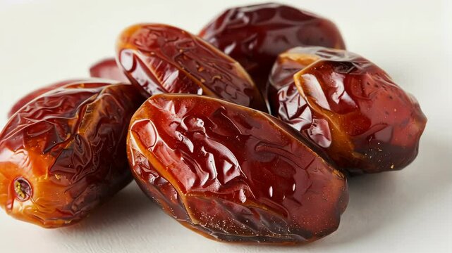 A group of dates sit on a white surface