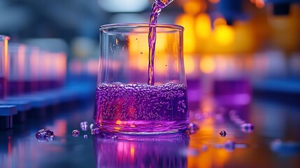 A laboratory scene with a beaker filled with vibrant purple liquid.