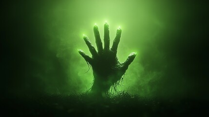 Mysterious green glowing hand emerging from fog.