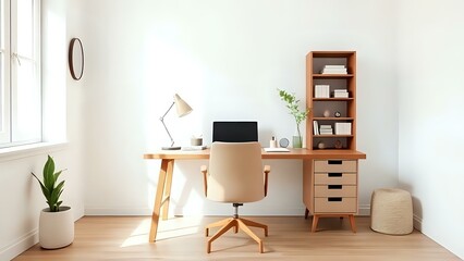 Fototapeta premium Neutral Minimalist Workspace with Wooden Desk