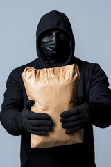 Man in black hoodie holding a suspicious package against a gray background.