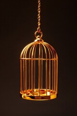 Ornate golden birdcage hanging against a dark background.